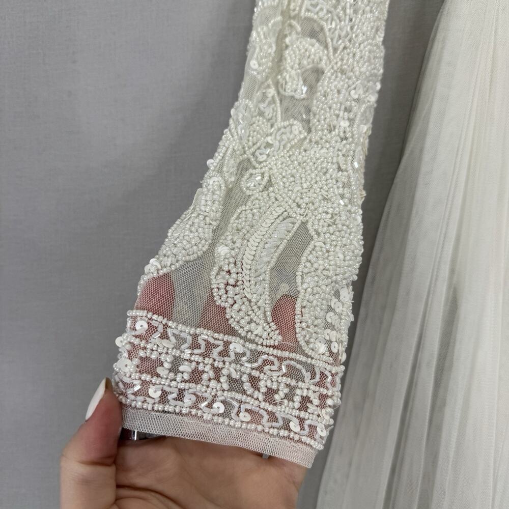 ASOS Bridal Elizabeth Long Sleeve Wedding Dress Womens 8 White Beaded Tulle Gown - Picture 2 of 14
